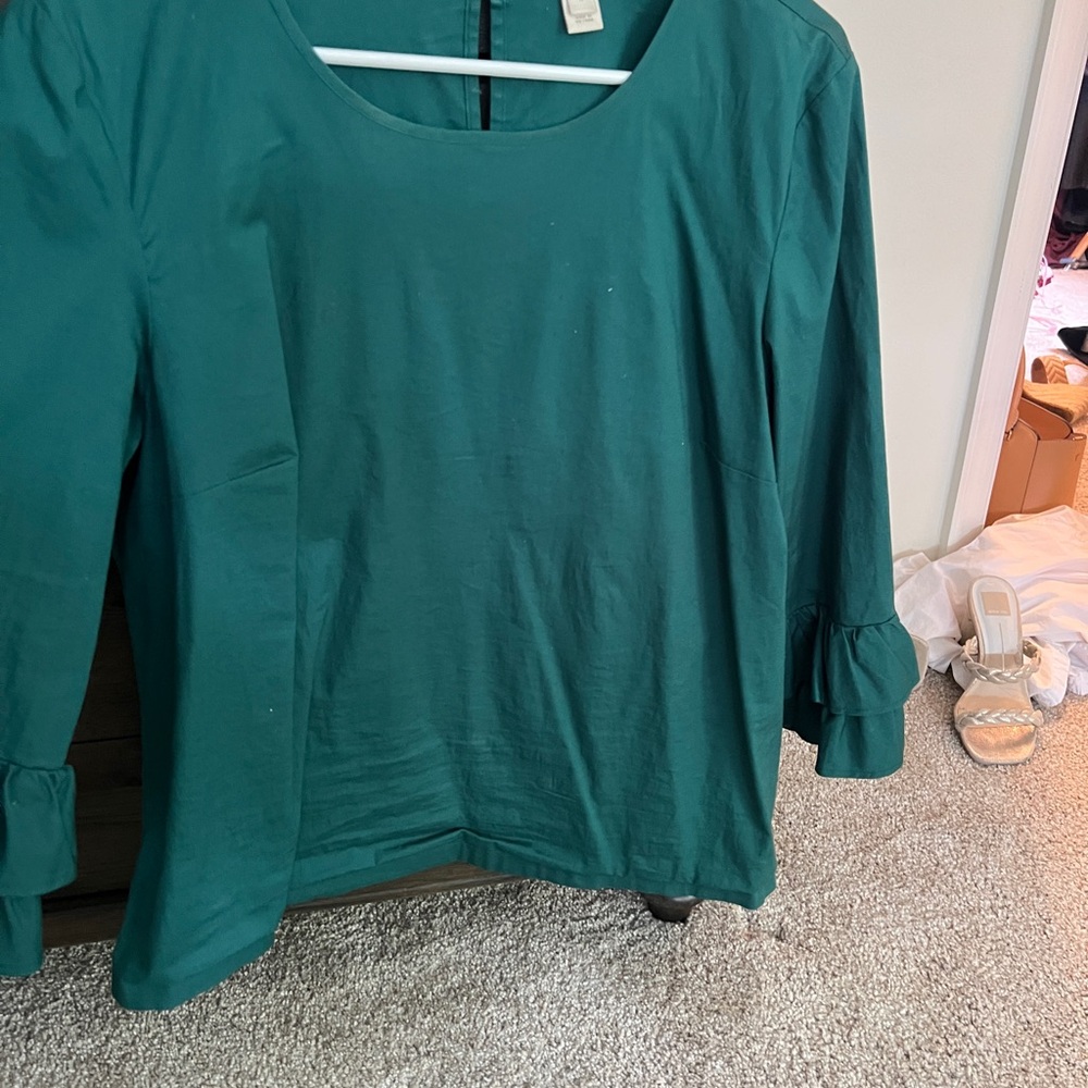J. Crew Green Ruffled 3/4 Sleeve Blouse